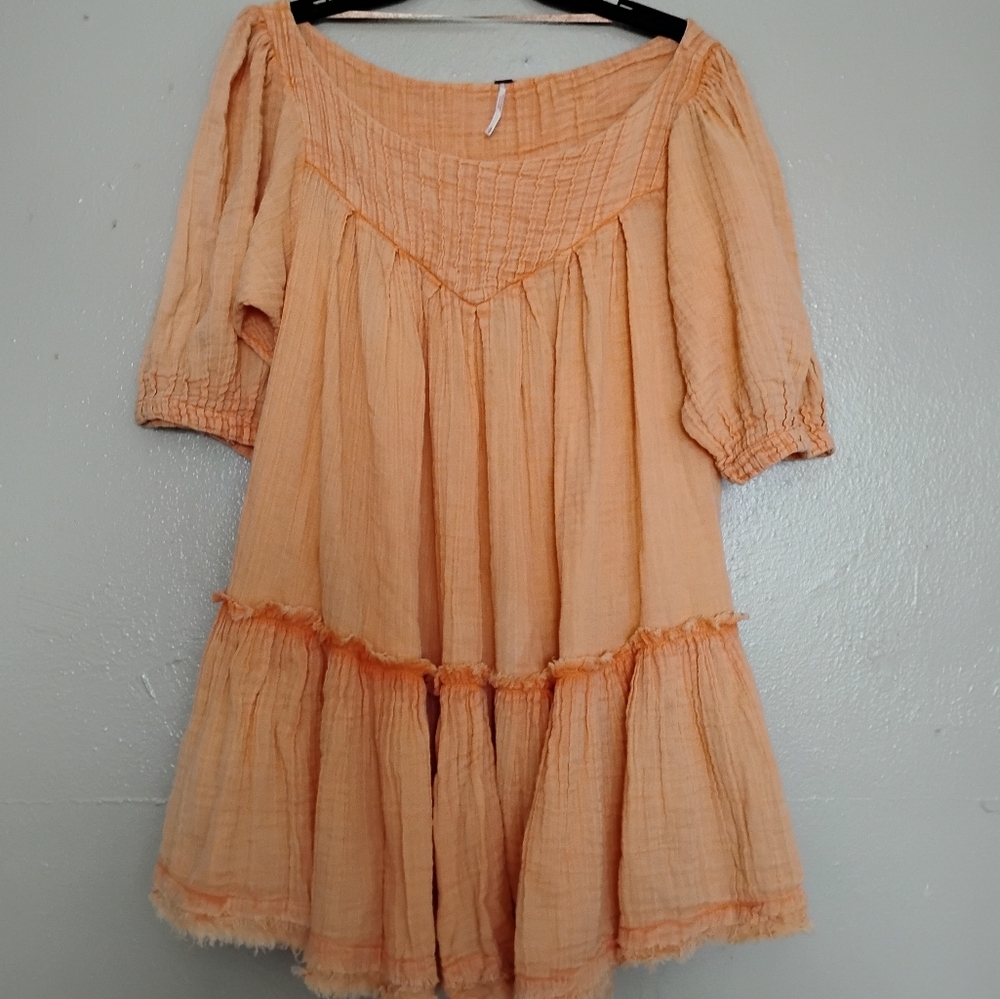 Free People Gauze Cotton Dress Small Flowy Mini Puff Sleeve Cottage Boho Beach